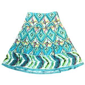 Vintage Jones Wear Cotton Skirt Y2K Geometric Abstract Boho Turquoise Knee Ikat